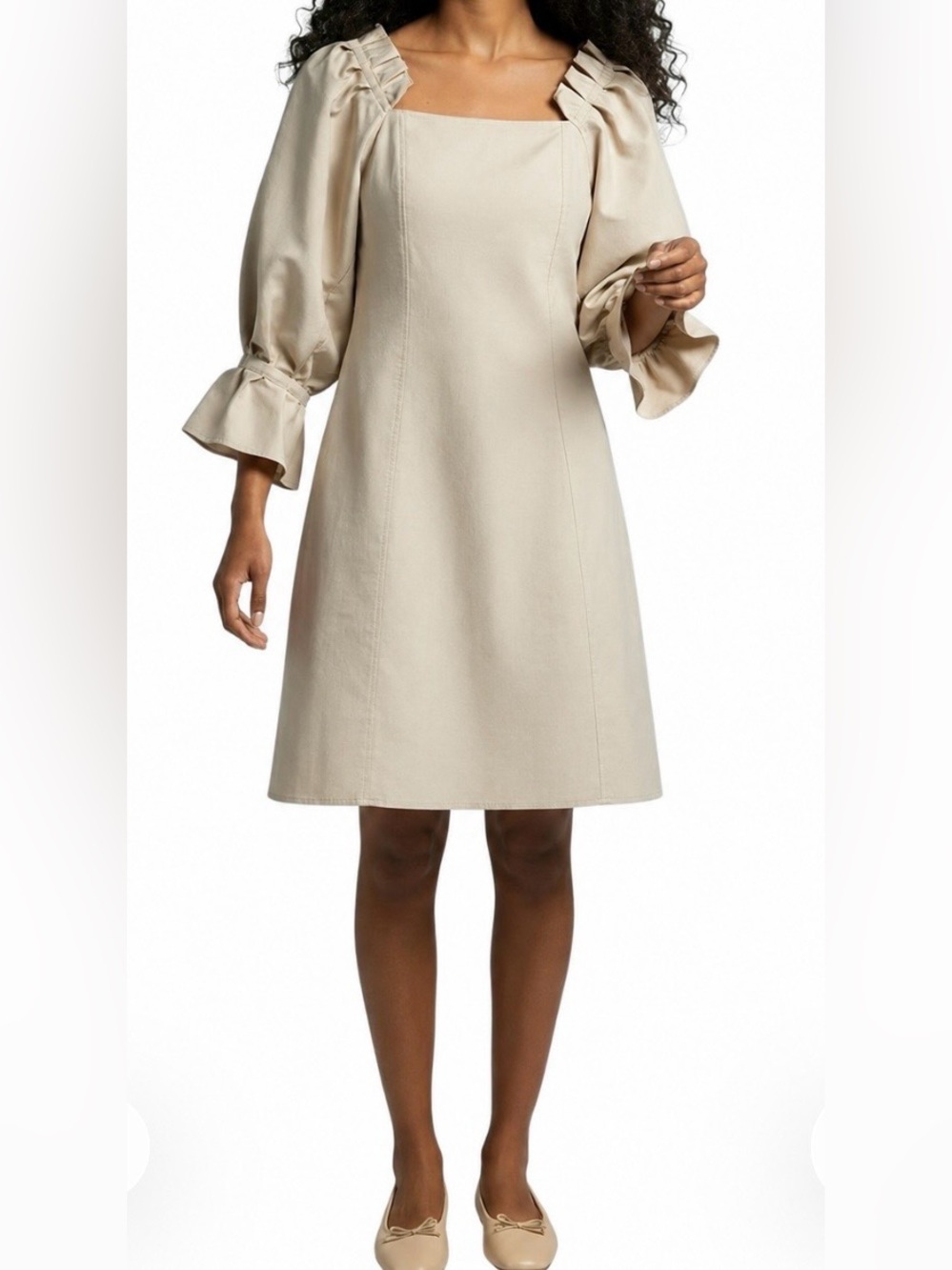 ADEAM Beige Square Neck Ruffle Sleeve A-Line Dress  Classic Chic Neutral Size 2 - Picture 13 of 13